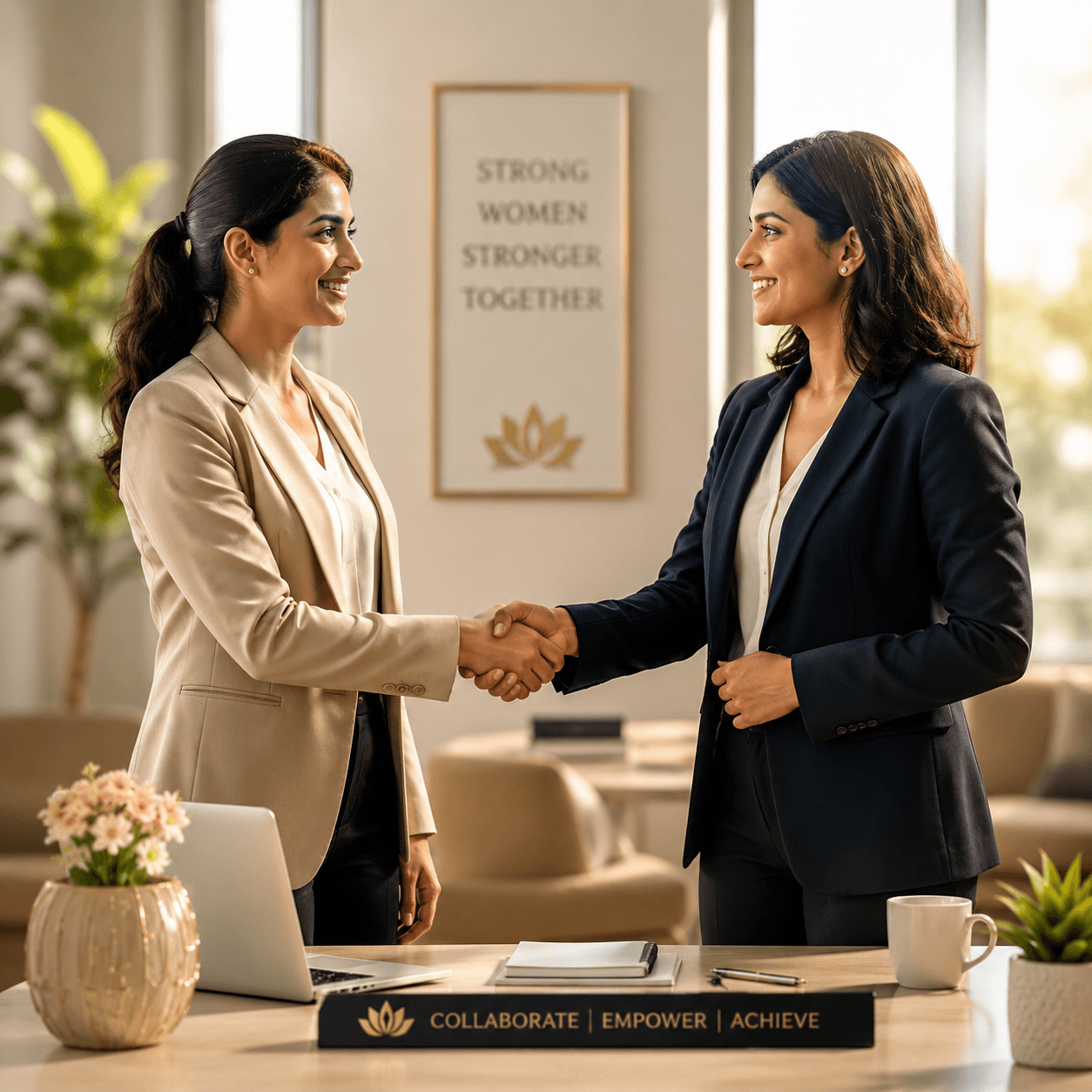 Two women shaking hands across a desk with Collaborate, Empower, Achieve in the foreground