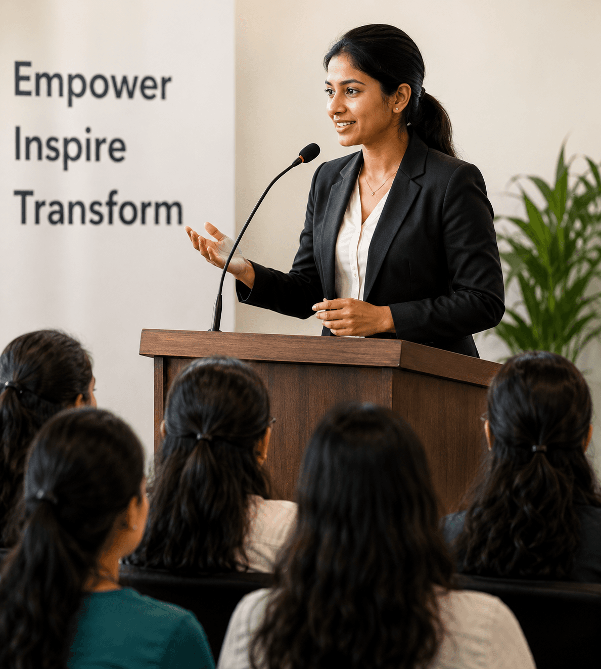 Speaker at a CWEEI event with Empower, Inspire, Transform behind the podium