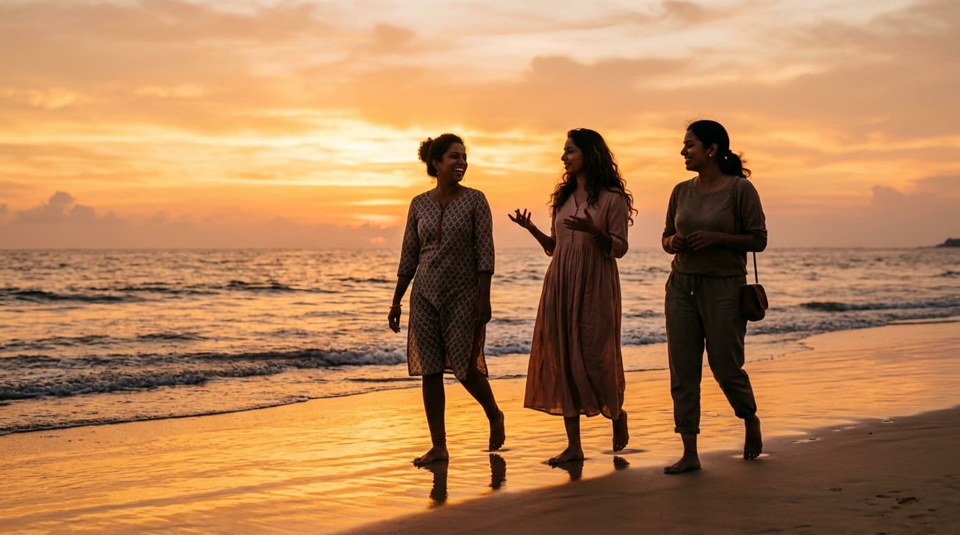 Women entrepreneurs walking together at sunset